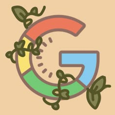 the letter g is surrounded by plants and leaves in front of an image of a clock