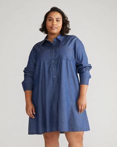 Perfect Tencel Chambray Drop Waist Shirtdress - Midnight Blue | Universal Standard Casual Dress With Relaxed Fit And Spread Collar, Blue Relaxed Fit Knee-length Shirt Dress, Blue Short Sleeve Shirt Dress For Fall, Blue Relaxed Fit Shirt Dress For Fall, Chic Blue Relaxed Fit Shirt Dress, Chic Blue Shirt Dress With Relaxed Fit, Indigo Long Sleeve Dress For Work, Chic Cotton Dresses With Shirttail Hem, Relaxed Fit Shirttail Hem Dress For Fall