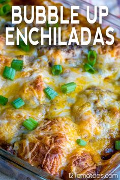 a casserole dish with meat, cheese and green onions