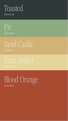 four different shades of orange, green, and brown with the words sand castle on them