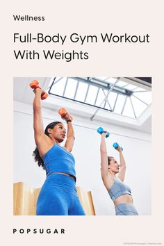 a woman and man doing exercises with dumbbells in an indoor gym setting text reads, full - body gym workout with weights