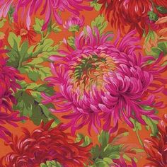 an orange and pink flowered background with green leaves