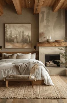 a bedroom with a bed, fireplace and painting on the wall