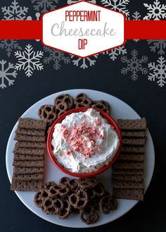 peppermint cheesecake dip with pretzels and graham crackers on a plate