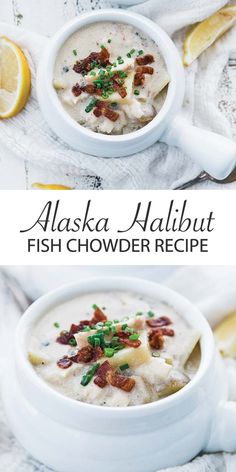 alaska halibut fish chowder recipe in a white bowl with lemon wedges