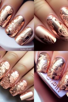 Gold Filigree Nails, Elegant Nails Brown, Aesthetic Brown Nails, Acrylic Nails Brown, Scene Nails, Brown Acrylic Nails, Elegant Nail Designs, Nail Polish Art