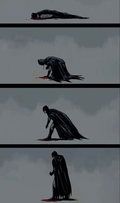 the dark knight is kneeling down with his hands on his knees