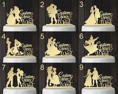 wedding cake toppers with silhouettes of the bride and groom on each one side