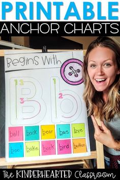 a girl holding up a sign that says, printable anchor chart for beginning with b