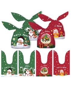 four christmas hats with santa claus and snowmen on them, all in different colors