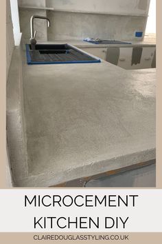 microcement applied to cover kitchen countertops in a diy kitchen makeover Kitchen Cement Countertops, Cement Kitchen Countertops, Microcement Kitchen, Cement Countertop, Cement Countertops, Micro Concrete