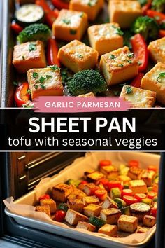 there are many different types of food in the oven and on the table, including tofu with seasonal veggies