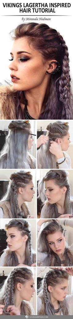 Vikings Lagertha Inspired Hair Tutorial ★ See more: http://lovehairstyles.com/vikings-lagertha-inspired-hair-tutorial/ Viking Makeup, Lagertha Hair, Vikings Lagertha, Viking Braids, Balayage Bob, Grunge Hair, Gray Hair