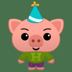 a cartoon pig with a party hat on it's head, wearing shorts and a green shirt