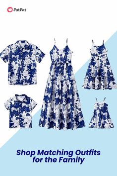 This blue and white floral print family matching outfit set is perfect for summer family photos, family vacation, or everyday wear! This matching set features floral dresses for women and girls, and matching beach shirts for dad and the boys. This is a cute outfit idea for your family to wear all summer long! Shop matching styles for the entire family at patpat.com Outfit Ideas Matching, Beach Shirts For Men, Floral Dresses For Women, Vacation Outfit Ideas