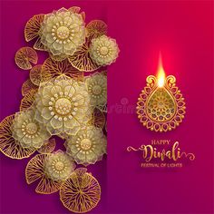 happy diwali festival with beautiful flowers and candles on purple background royalty illustration stock images