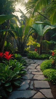 a stone path surrounded by tropical plants and trees