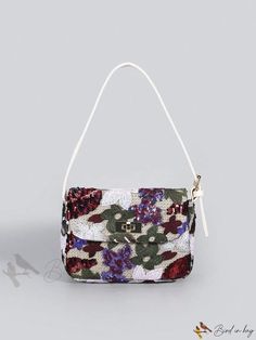 Bird in Bag - Sequin and Embroidered Tote Bag with Floral Accents Rectangular Bag With Multicolor Embroidery For Evening, Evening Bag With Multicolor Embroidery, Evening Bag With Multicolor Embroidery, Rectangular Shape, Chic Multicolor Embroidered Bag, Rectangular Evening Bag With Multicolor Embroidery, Evening Rectangular Shoulder Bag With Multicolor Embroidery, Rectangular Multicolor Embroidered Evening Bag, White Embroidered Shopping Bags, Trendy White Embroidered Bags