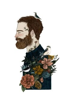 a drawing of a bearded man with flowers and a bird on his shoulder is featured