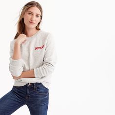 "Amour" sweatshirt | J.Crew Red Embroidery, Sweatshirt For Women, Women's Style, Gray White, Heather Grey, J Crew, Sweatpants, Vogue, Embroidery