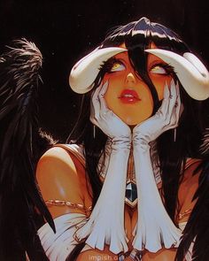 a woman with black hair and wings covering her face