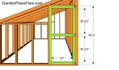 a shed with measurements for the roof and walls