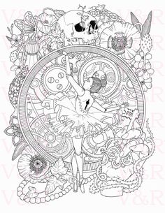 a black and white drawing of a ballerina surrounded by skulls, flowers, and other things