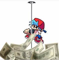 an image of a cartoon character with money falling from the ceiling and on top of it