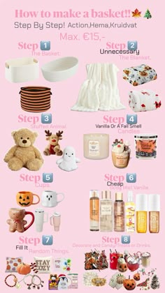 a pink poster with various items on it and the words, how to make a basket step by step instructions