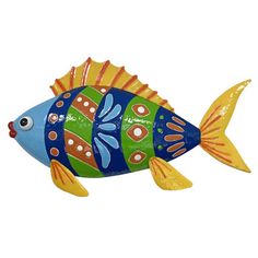 a blue and yellow fish statue on a white background