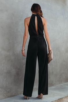 Black Button Halter Neck Keyhole Back Ribbed Jumpsuit Chic Black Jumpsuits And Rompers With Buttons, Chic Solid Color Jumpsuits And Rompers With Button Closure, Chic Solid Jumpsuits And Rompers With Button Closure, Chic Jumpsuits And Rompers With Button Closure, Leopard Satin Dress, Ribbed Jumpsuit, Halter Jumpsuit, Chambray Dress, Formal Style