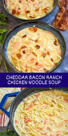 cheddar bacon ranch chicken noodle soup in two pans