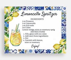 a recipe for lemonade spritzer with instructions on the front and back side