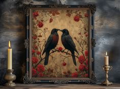 two black birds are sitting on a branch with red roses and one is touching the other's beaks