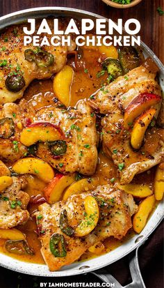 A skillet filled with jalapeno peach chicken on a wooden surface. Meal Prep For Breakfast Lunch And Dinner, Spicy Peach Pork Chops, Chicken Different Ways, Spicy Meals Healthy, Spicy Peach Chicken, Refreshing Chicken Dinner, Chicken Sweet And Spicy, Chicken With Hot Cherry Peppers, Peach Chutney Chicken