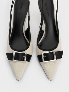 Achieve that effortlessly polished-yet-casual look with these slingback pumps. Featuring a two-tone colourway thanks to the tactile linen finish contrasted by black trims, these pumps are an easy way to elevate any outfit. To add a final touch, the metallic buckles bring an extra edge and visual interest to the design. Pu Heels, Charles Keith, Final Touch, Slingback Pump, The Vamps, Black Trim, Sales Gifts, Casual Looks, Chalk