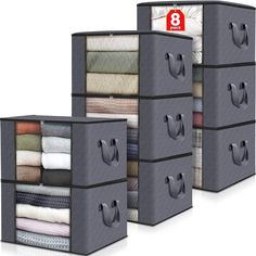 three storage bins are stacked on top of each other with the handles open and folded