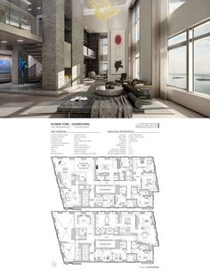 the floor plan for this modern apartment is shown in two different views, and has multiple levels