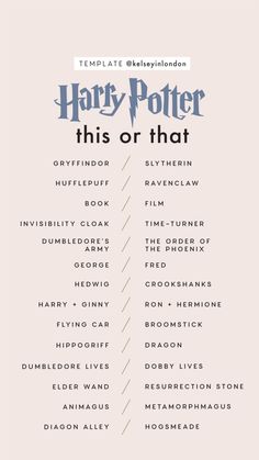 the harry potter list is shown in black and white