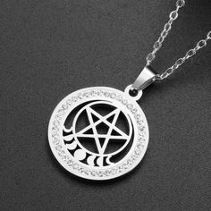 Enhance your style with gorgeous Witchcraft Moon phases Pentacle Necklace - crafted of stainless steel in striking steel and gold hues! Opting for stainless steel ensures these earrings are rust-proof, allergy-free, won't lose their shape, and won't discolor - plus, its anti-acid and anti-alkali properties guarantee a lasting look. Summon a magical, witchy vibe with these ravishing Witchcraft necklaces! 🔮 Symbolic Metal Clavicle Chain Jewelry, Mystical Round Pendant Metal Jewelry, Mystical Metal Round Pendant Jewelry, Celestial Stainless Steel Jewelry With Moon Phase, Spiritual Stainless Steel Jewelry, Celestial Stainless Steel Moon Phase Jewelry, Spiritual Stainless Steel Jewelry Round Shape, Celestial Moon-shaped Stainless Steel Jewelry, Nickel-free Celestial Stainless Steel Jewelry