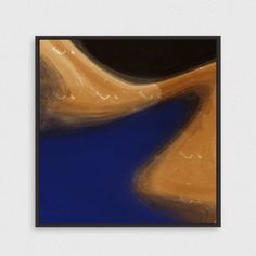 an abstract painting with blue and yellow colors on the bottom half of it, in black frame