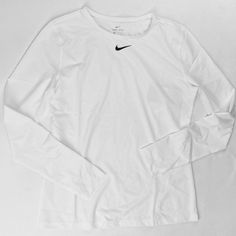 Nike Pro Long Sleeve Mesh Training Top Shirt Women's Medium White Cj5954-100 Nwt T8 White Long Sleeve Sports Tops, Nike Classic Fitted Tops, Classic Fitted Nike Tops, White Sports Shirt For Spring, Spring Sports White Shirt, Classic White Sports Top, Classic Crew Neck Sports Top, Basic White Nike Top, Classic White Nike Tops