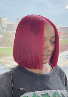 Short Red Quick Weave Hairstyles, Burgundy Middle Part Bob, Colored Bobs Black Women, Red Bob Quick Weave Black Women, Red Bob Black Women Middle Part, Red Silk Press Natural Hair Bob, Red Bob Black Women Natural Hair, Red Hair Bob Black Women, Natural Bob Cut Black Women With Color