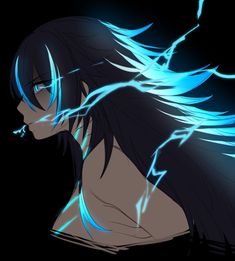 an anime character with blue hair and lightning streaks on his face, looking to the side