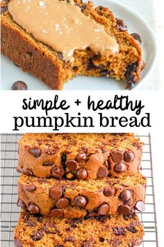 pumpkin bread with chocolate chips and peanut butter on top is cut in half to show the inside