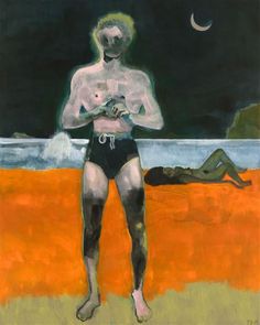 a painting of a man standing in front of an orange field