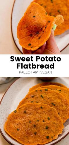 sweet potato flatbread on a plate with the text overlay that reads, sweet potato flatbread