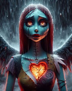 a woman with red hair and blue makeup holding an orange heart in her hands while standing in the rain