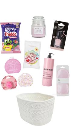 the contents of a bath and body care product displayed on a white background with pink accents