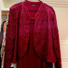 Very Nice Burgundy Colored Formal With Lace N Sequins Jacket. Worn Once In Size 18w Falls Into An A-Line Style. Beautiful On. Elegant Burgundy Outerwear For Party, Elegant Burgundy Party Outerwear, Bride Dress Color, Sequins Jacket, Sequin Jacket, Mother Of The Bride Dress, Bride Dresses, Burgundy Color, Mother Of The Bride Dresses